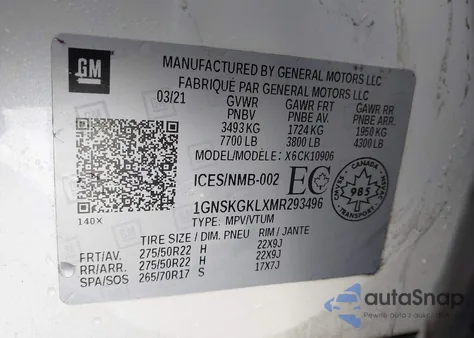 2021 Chevrolet Suburban 4Wd High Country из США, поврежденный, VIN 1GNSKGKLXMR293496